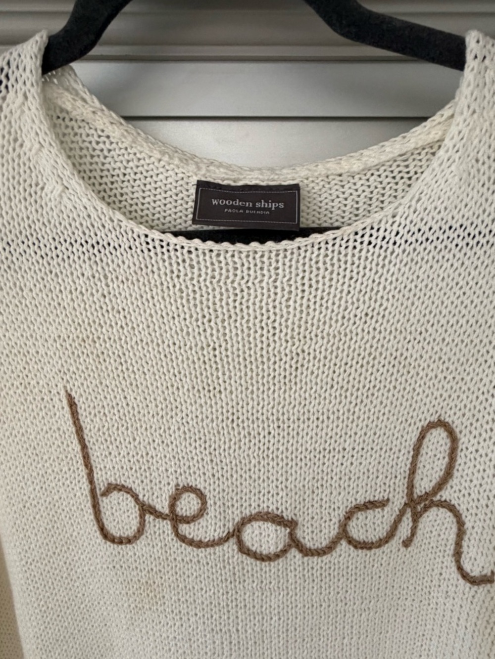 Wooden Ships Off-White Open-Knit Crewneck with Tan 'beach' Script - Picture 2 of 7